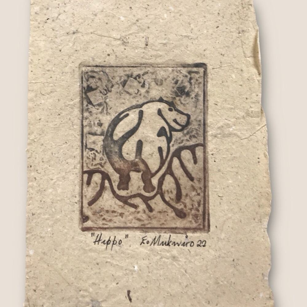 African Animal Print Etchings on Handmade Paper Mukwiro "Rhino" & "Hippo" - Picture 5 of 8